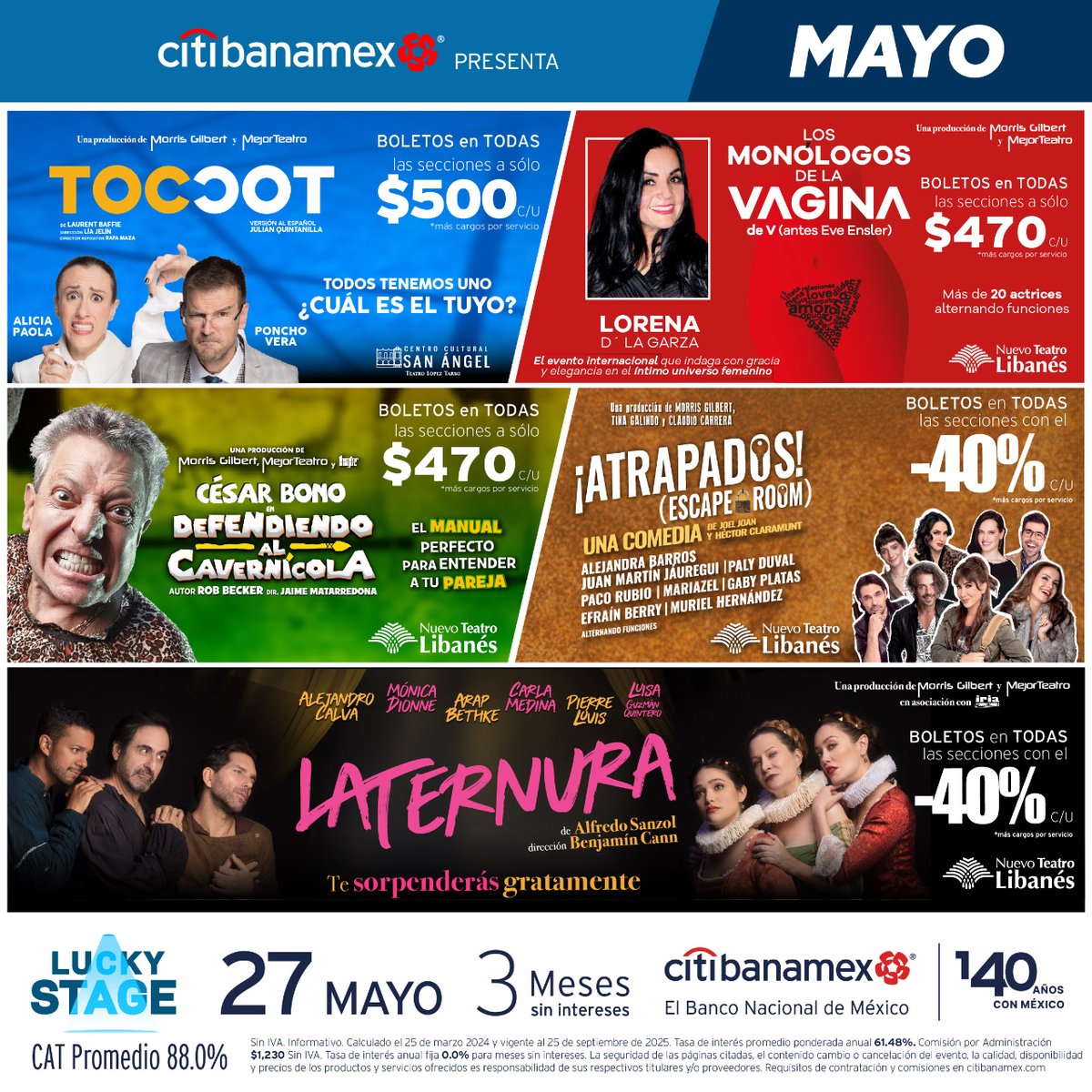 Aprovecha los beneficios exclusivos que te ofrece @Citibanamex este lunes de #LuckyStage y no te pierdas de las mejores comedias del #MejorTeatro. #ExperienciasCitibanamex: @toctocobra @MonologosVagMex | @AtrapadosMex @DefendiendoAl | @LaTernuraObra 🎟️ luckystagecitibanamex.com