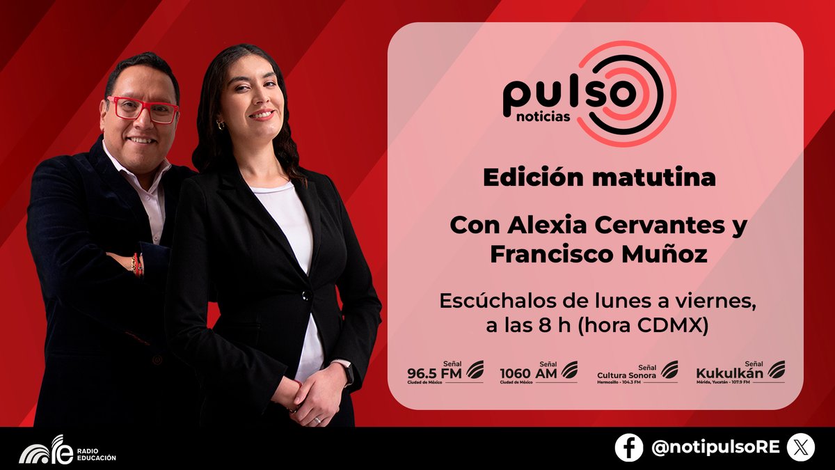 Conoce las noticias más importantes del momento con @alexia_radio y <a href="/pacomuf/"> Paco Muñoz 📻 🎙️△⃒⃘⚯͛</a> 

Únete a las frecuencias de <a href="/RadioEducacion/">Radio Educación</a> para escucharlos.

⏰ 8 h (CDMX)
📢 1060 AM, 96.5 FM #CDMX | 104.3 FM #Hermosillo l 107.9 FM #Mérida
💻 radioeducacion.edu.mx/emisorasre