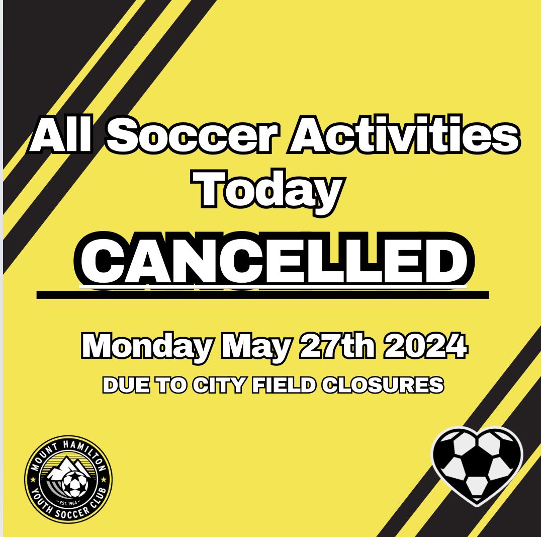 MHYSC's tweet image. Due to the excessive amount of rain, the City of Hamilton has closed all soccer fields today, May 27th. Game outside of the City of Hamilton are still on at this specific moment.

Therefore, all games and practices within the City of Hamilton today have been canceled.