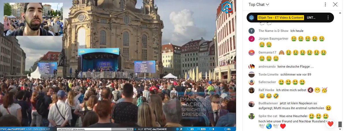 Nach #Macron´s Rede in #Dresden singt ein deutscher und ein französischer Chor zusammen die Europahymne. Das triggert das Braun-'Folk' des rechtsextremen Streamers und #Höcke-Fanboys Elijah Tabere so richtig. 😄 #fckafd #fcknzs