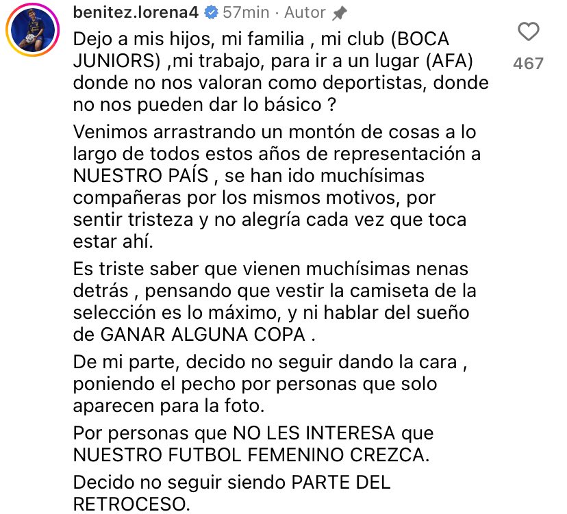 dani_lichi's tweet photo. A días de los amistosos con Costa Rica, dos jugadoras deciden alejarse de la Selección argentina 🇦🇷: Lorena Benítez y Julieta Cruz

Este es el fuerte posteo de @Benitez_lorena7 https://t.co/QlgbeG545e