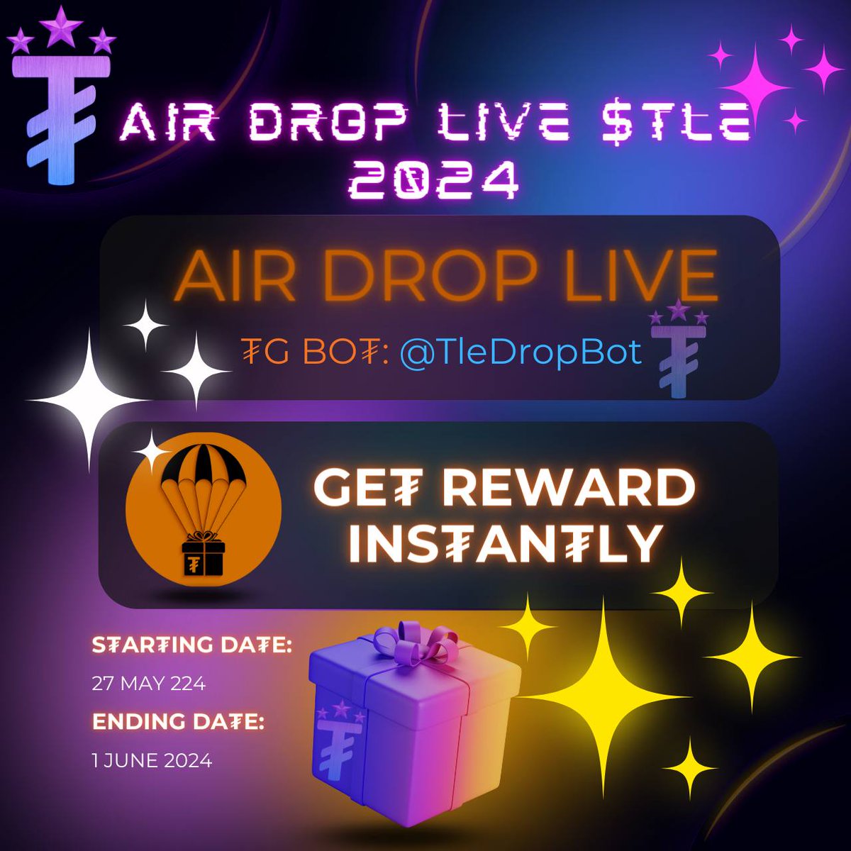 New Airdrop: ₮le₮on (₮LE)
Reward: 9,999 ₮LE tokens
Market: Dedustio, Stonfi
Distribution: Within 24 hours

🔗 Airdrop Link: t.me/TleDropBot

-Complete tasks of airdrop.
-Submit TON wallet address.
-Every participant gets reward.
-Earn extra 999 ₮LE per referral.