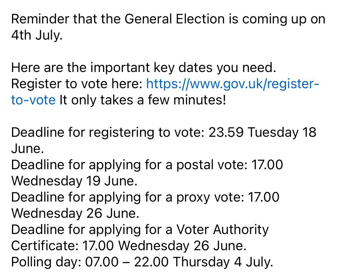 Reminder that the General Election is coming up on 4th July! 🗳️ 

Register to vote, it only takes a few minutes: gov.uk/register-to-vo…