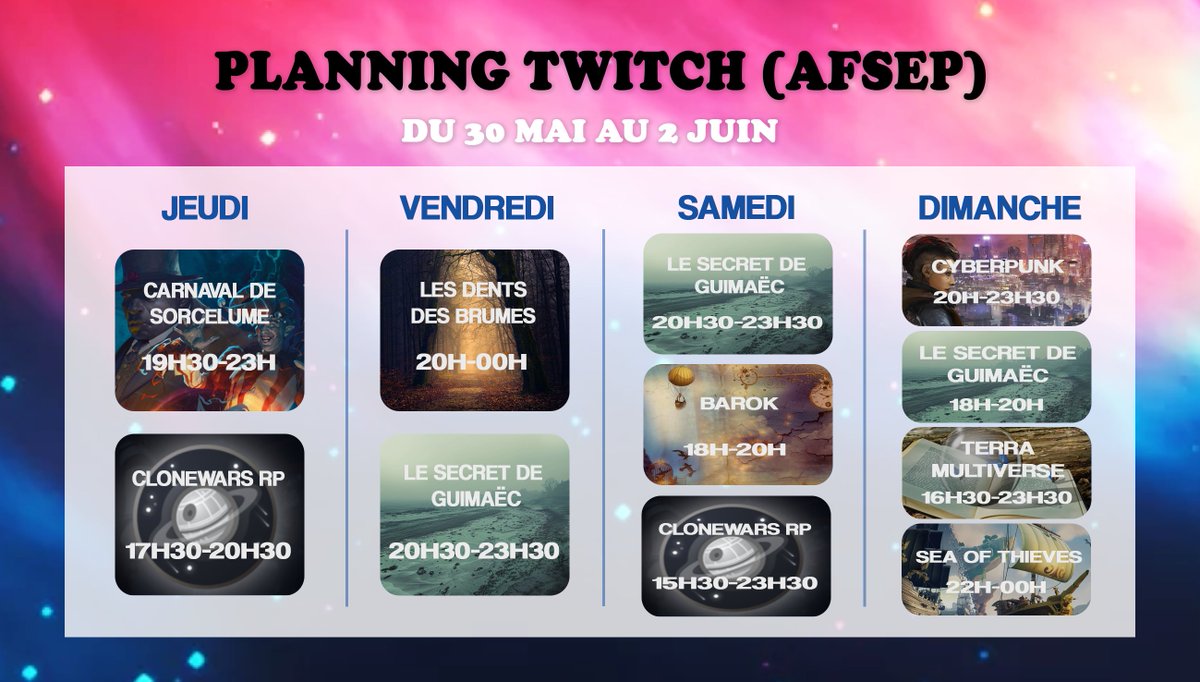 Petit aperçu du planning de notre récolte de fonds !

Beaucoup de mobilisations cette année, merci infiniment !! 💙

Les chaînes #Twitch sont juste en dessous ⬇️

P-S : d'autres chaînes vont diffuser la cagnotte pendant cette période, merci à elles !

#JeudeRôle #JDR