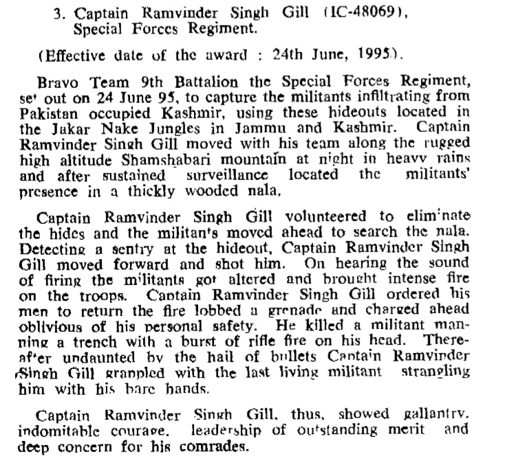 Captain RS Gill, Shaurya Chakra, 9 Para Special Forces.

Citation for Shaurya Chakra medal