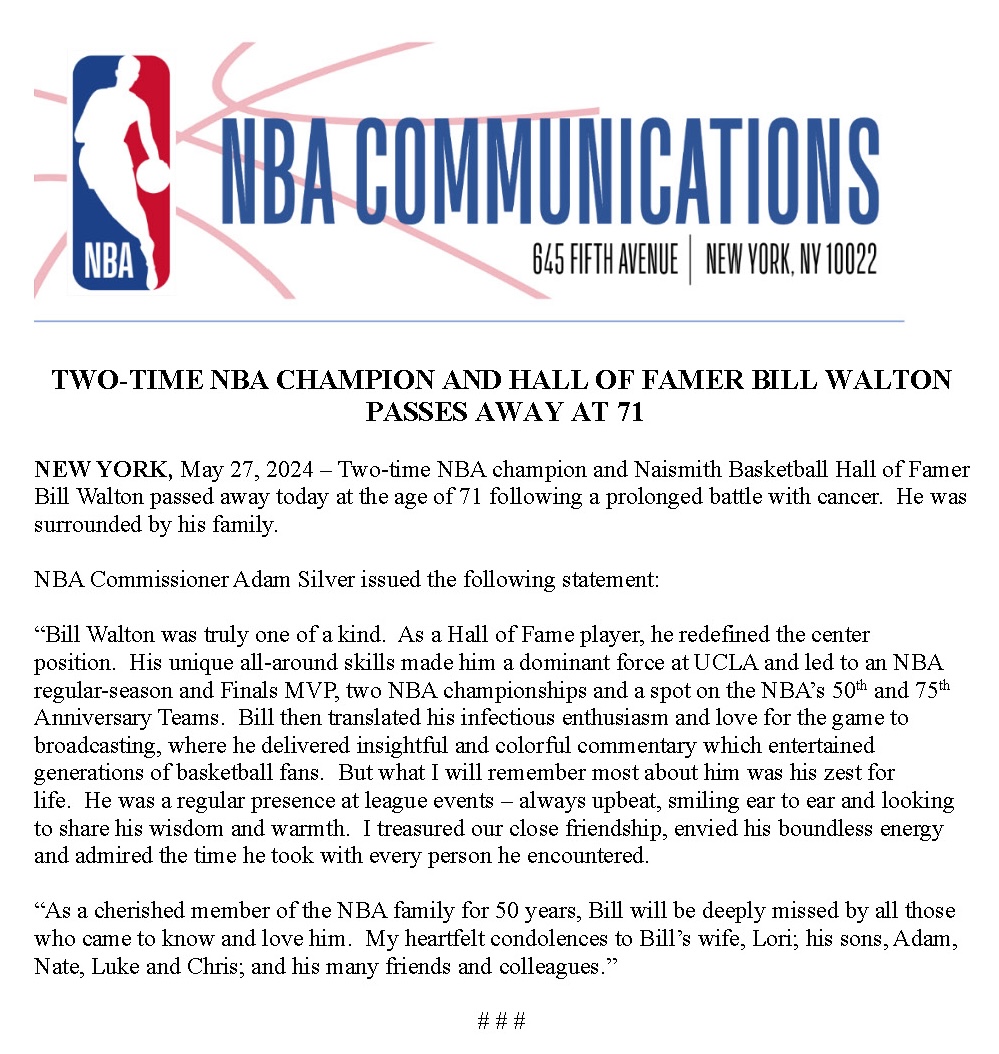 The following has been released by the NBA.