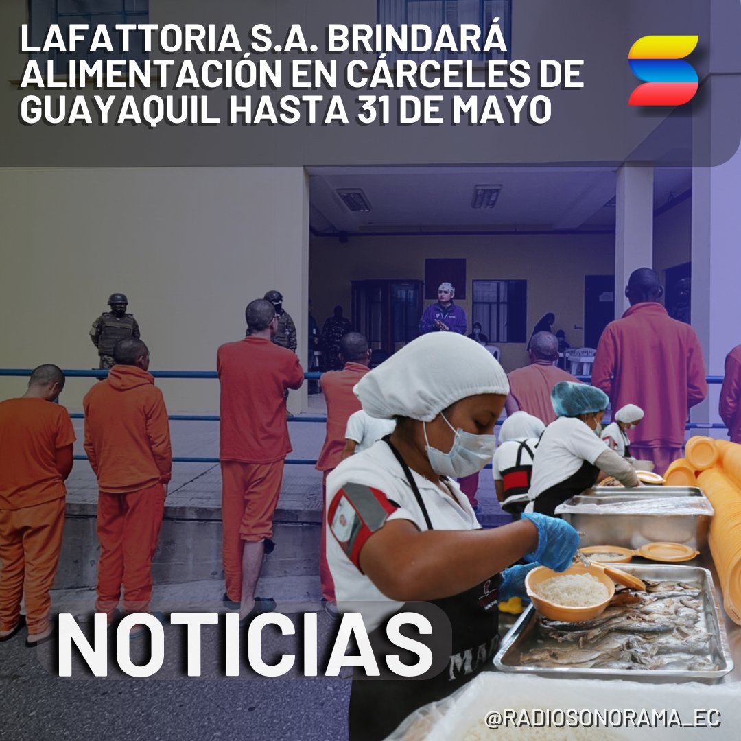 A través de una carta enviada al ministro de Salud, Franklin Encalada, se informó que la empresa Lafattoria S.A. brindará el servicio de alimentación en las cárceles de Guayaquil hasta el viernes 31 de mayo. Además, se indica que la medida es por la falta de pago del Estado.