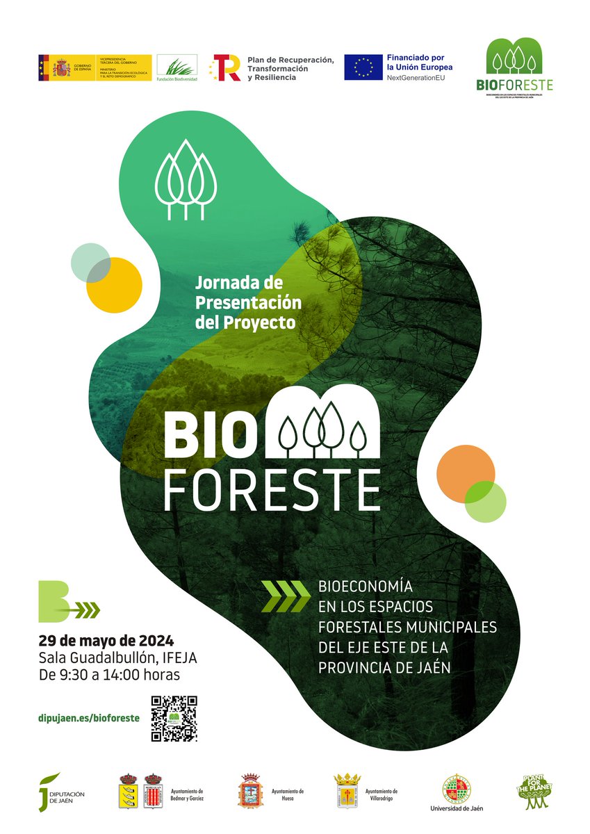 🌲Jornada de presentación del proyecto BIOFORESTE Bioeconomía en los Espacios Forestales Municipales del Eje Este de la provincia de Jaén con la colaboración de @FBiodiversidad 🗓️ 29 de mayo ⌚️De 9:30 a 14:00 h. 📍Sala Guadalbullón. IFEJA #ProyectosPRTR #PlanDeRecuperación