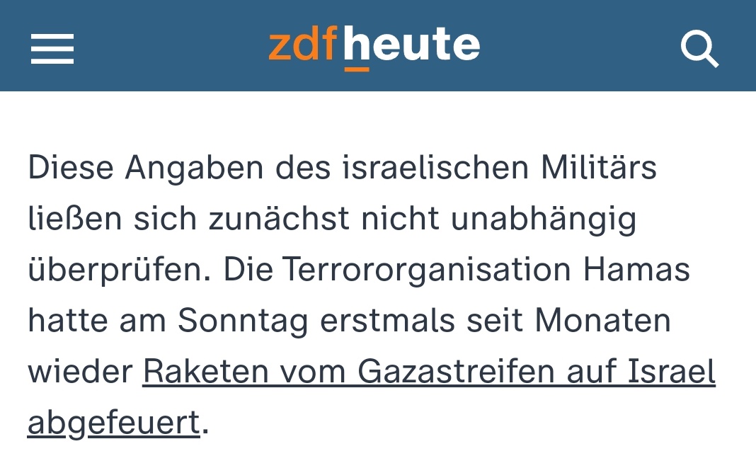 Nein, <a href="/ZDFheute/">ZDFheute</a>, auch in den vergangenen Monaten gab es Raketenbeschuss aus dem Gazastreifen auf Israel! "Erstmals seit Monaten" ist laut verlinkter Meldung auf den Großraum Tel Aviv zu beziehen. Ausgerechnet in einem #Faktencheck derart fehlerhaft zu formulieren, ist merkwürdig.