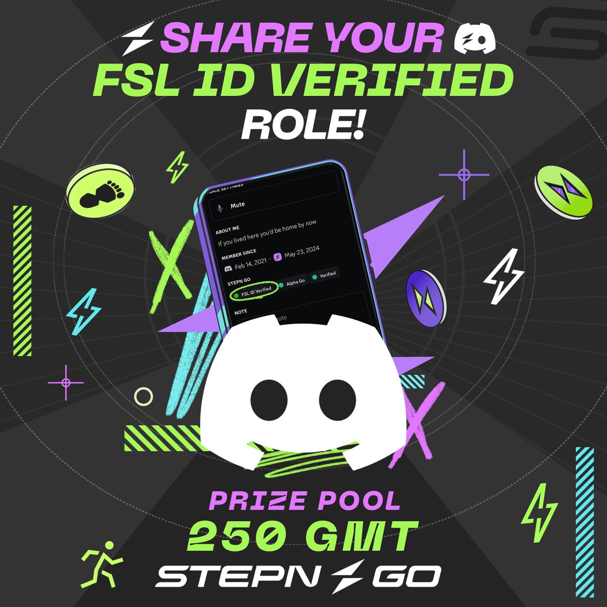 ⚡️ Time to share your #FSLID Discord Role 🟢 💸 Prize Pool - 250 $GMT - 5 winners 🤩 🔐 Share a screenshot that you have a role in Discord STEPN GO '🟢FSL ID Verified'. ➡️ discord.gg/stepngo Like ❤️ and Retweet 🔁 Put #FSLIDVerified #STEPNGO 👥 Tag 2 friends ✅ Follow