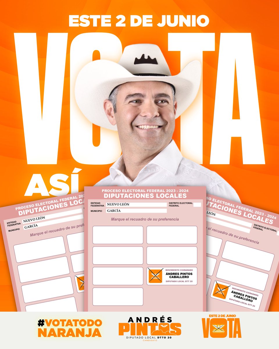 ¡Se acerca nuestra cita con la democracia! Este 2 de junio ya sabes qué hacer: 

Vota todo naranja para que nuestro Municipio se vuelva parte de las buenas noticias que rodean a los buenos gobiernos naranja. 

¡Vota por #UnNuevoGarcía!🍊