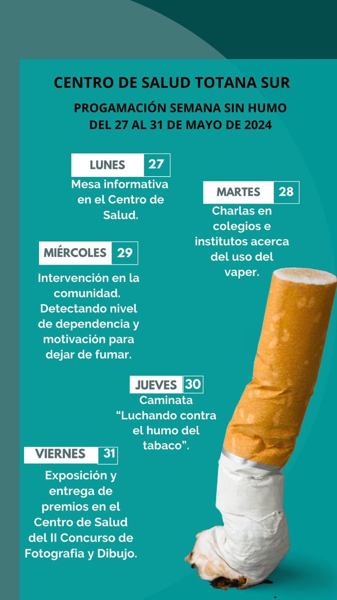 CS Totana Sur (@totanasur) on Twitter photo Damos comienzo a la #Semanasinhumo con un montón de actividades sobre el #tabaco y sus nuevas formas. Información, prevención y ayuda para dejar de fumar #DiaMundialSinTabaco 🚭
<a href="/Area3Lorca/">Area 3 Salud Lorca</a> <a href="/SEAPREMUR1/">@SEAPREMUR</a> <a href="/CNPT_E/">CNPT</a> <a href="/Murciasalud/">Murciasalud</a> Damos comienzo a la #Semanasinhumo con un montón de actividades sobre el #tabaco y sus nuevas formas. Información, prevención y ayuda para dejar de fumar #DiaMundialSinTabaco 🚭
<a href="/Area3Lorca/">Area 3 Salud Lorca</a> <a href="/SEAPREMUR1/">@SEAPREMUR</a> <a href="/CNPT_E/">CNPT</a> <a href="/Murciasalud/">Murciasalud</a>