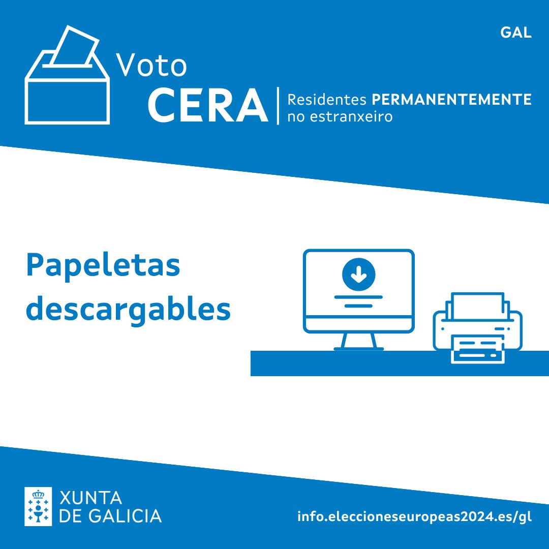 RESIDENTES 𝗣𝗘𝗥𝗠𝗔𝗡𝗘𝗡𝗧𝗘𝗦 NO EXTERIOR - Eleccións ao Parlamento Europeo🇪🇺2024 #VotoCERA

📄 Xa están dispoñibles as papeletas descargables📥 para preparar o teu 🗳 voto no exterior

ℹ️ Infórmate de como preparalo e consulta os 📅prazos de envío en: info.eleccioneseuropeas2024.es/papeletas-desc…