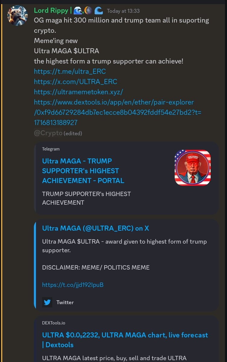 $MON is great but did you get a super early entry into $ULTRA ?
2 MILLION AND PRINTING..keep your alpha close - Network is networth!! <a href="/ULTRA_ERC/">Ultra MAGA</a>

t.me/ultra_ERC

x.com/ULTRA_ERC

ultramemetoken.xyz

Chart: dextools.io/app/en/ether/p…