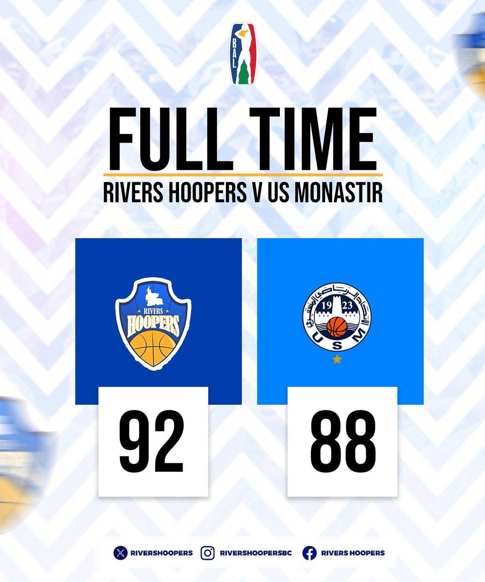 BOOM 💥 🤯

Rivers Hoppers beat US Monastir 92 to 88 in the Quarterfinals of the BAL 2024.

@RiversHoopers have sent the former champions, Monastir back home 🏠

Congratulations to the Kings Men for making it to the Semifinals 

#Basketball #RiversHoppers #TheKingsMen