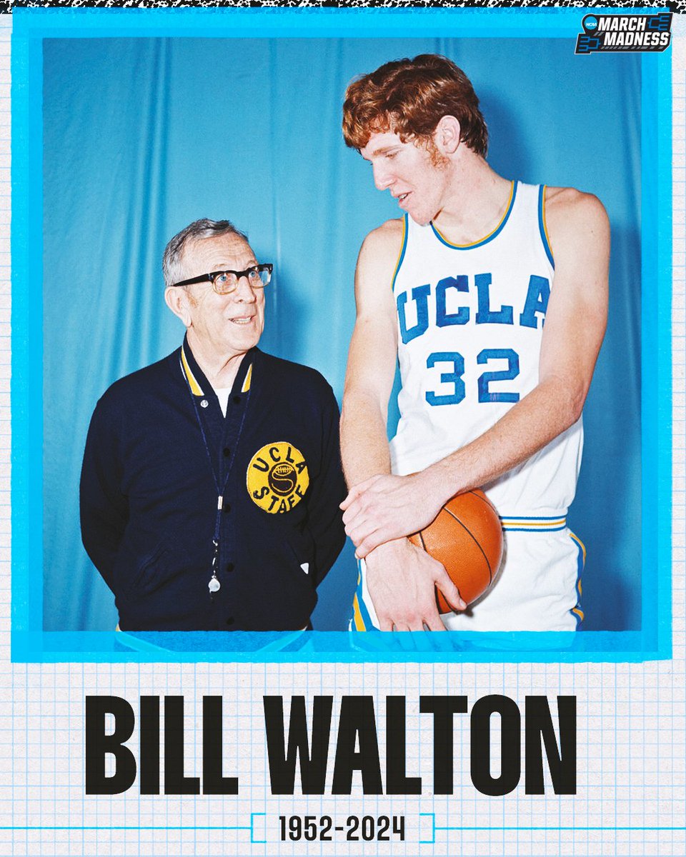 Bill Walton has passed away at the age of 71.

2x NCAA Champion
2x NCAA Final Four Most Outstanding Player
3x National College Player of the Year
3x First-Team All American
1993 Naismith Basketball Hall of Fame Inductee

A legend of the game forever.