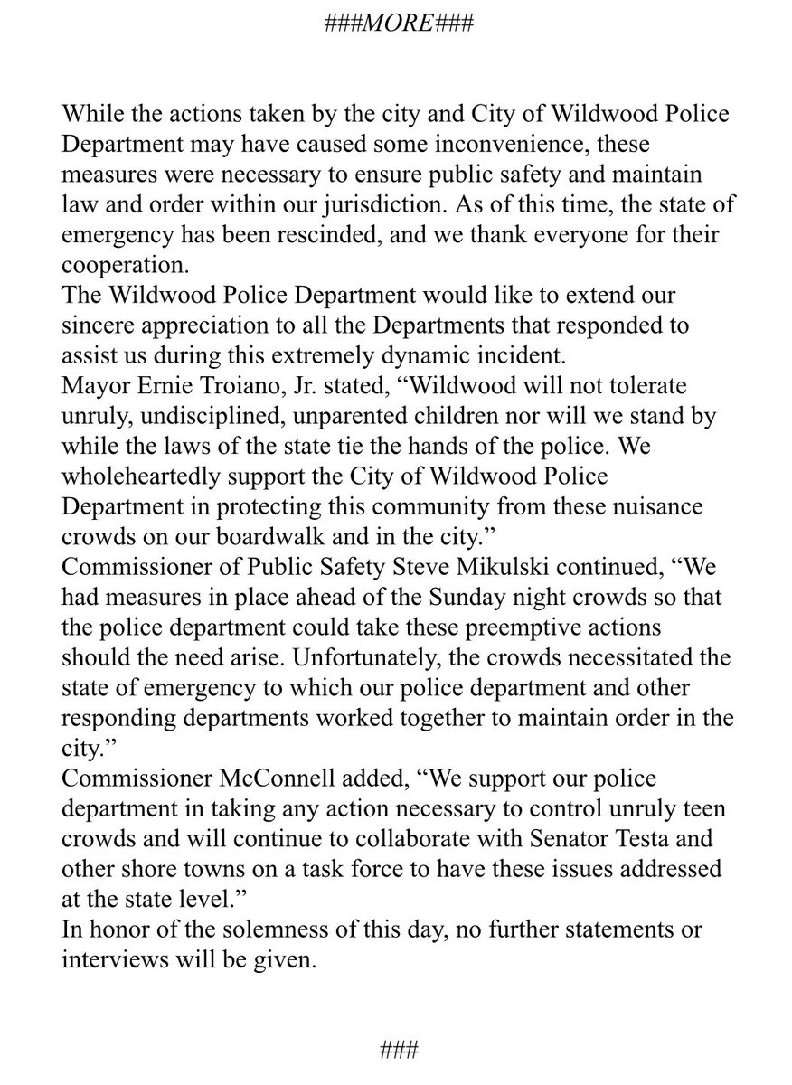 Wildwood forced to close its boardwalk early today,“local disaster emergency declared. Due to the irrepressible number of calls for service related to extremely large number of young adults & juveniles,we were unable to respond to certain calls for service within period of time.”