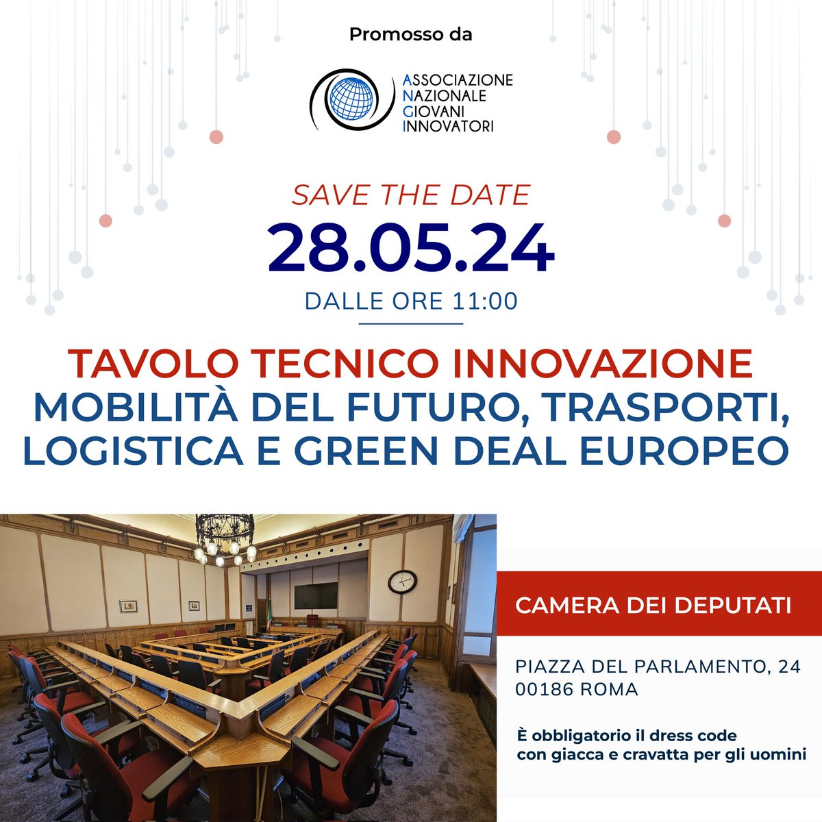 📌 Tornano i nostri tavoli tecnici in collaborazione con gli intergruppi e le commissioni parlamentari ideati da ANGI. 🇪🇺🇮🇹 Nel primo appuntamento domani 28 maggio alla #CameraDeiDeputati, focus su '#Innovazione, #Mobilità del Futuro, #Trasporti, #Logistica e #GreenDealEuropeo.