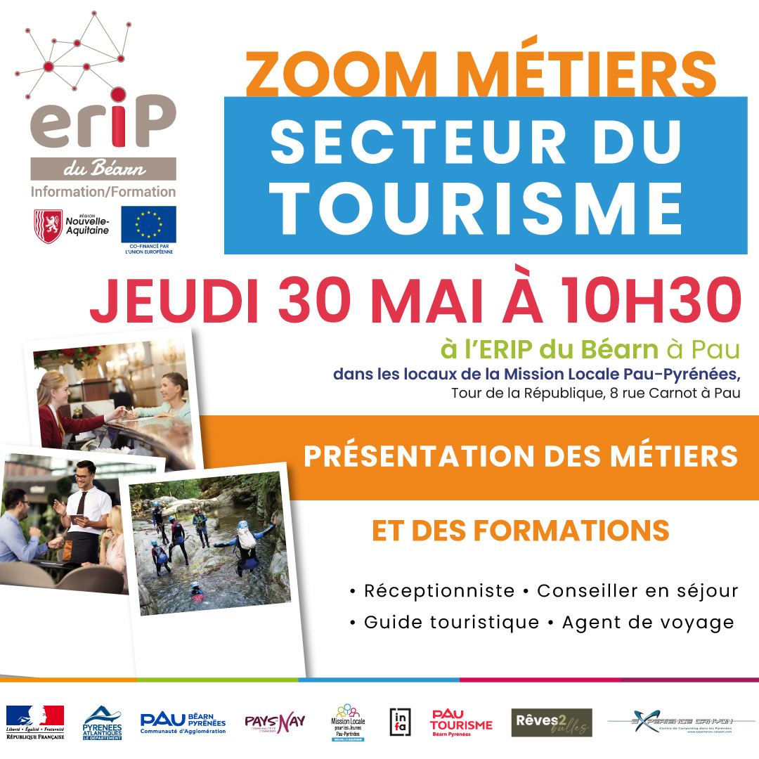 Vous aimez le relationnel et vous souhaiteriez exercer une profession au contact du public ?
l'ERIP du Béarn organise un Zoom Métiers Secteur du Tourisme, 📅 jeudi 30 mai, dès 10h30, 📍à l'ERIP du Béarn de Pau, dans les locaux de la Mission Locale.
mljpau.fr/evenement/zoom…