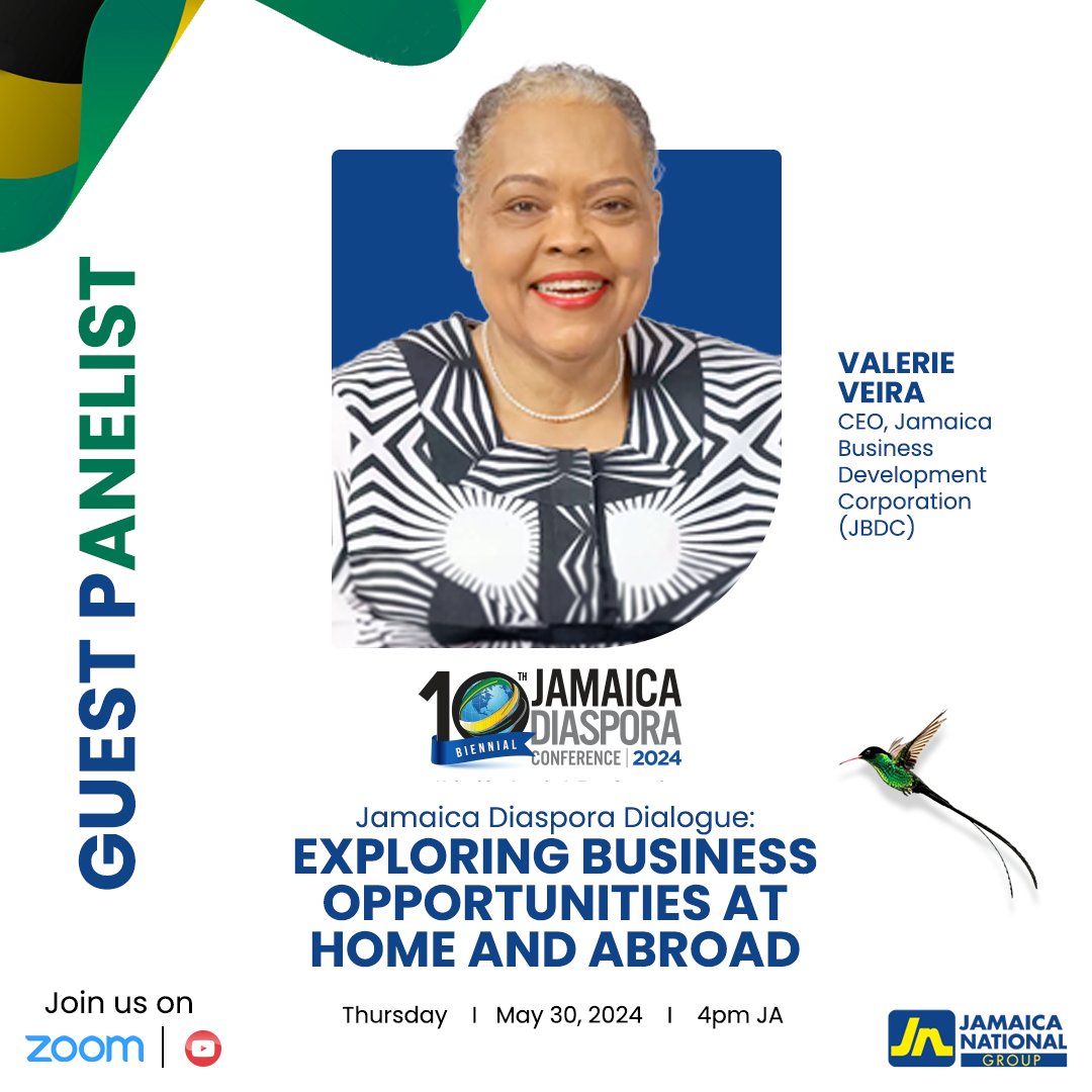 Join our pre-conference Webinar: Jamaica Diaspora Dialogue – ‘Exploring Business Opportunities at Home and Abroad’ with our panelist, Valerie Veira, Chief Executive Officer, Jamaica Business Development Corporation (JBDC).