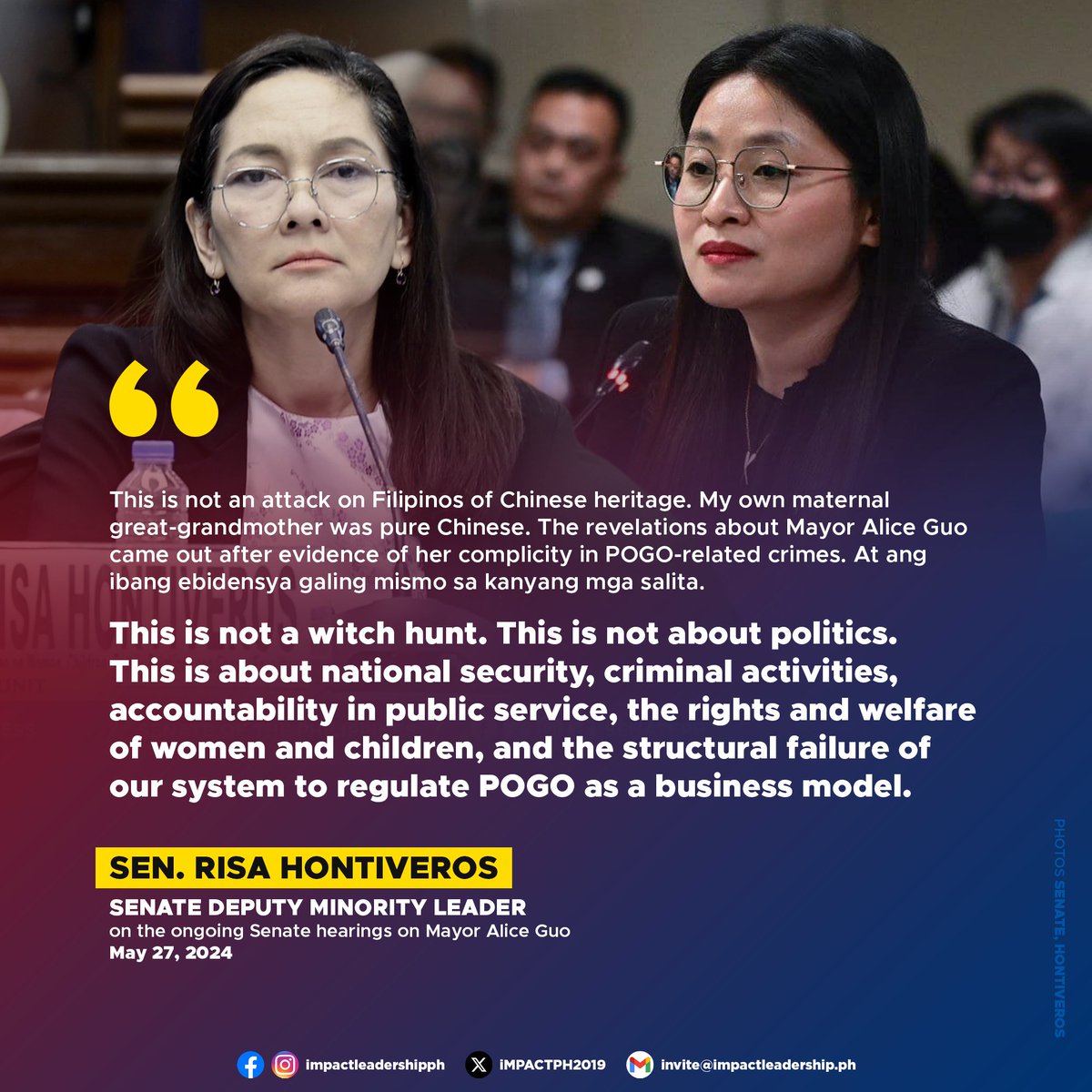 'THIS IS NOT A WITCH HUNT, THIS IS NOT ABOUT POLITICS'

Senate Deputy Minority Leader Risa Hontiveros clarifies that the ongoing Senate hearings concerning Bamban, Tarlac Mayor Alice Guo are not an attack on Filipinos of Chinese heritage.
