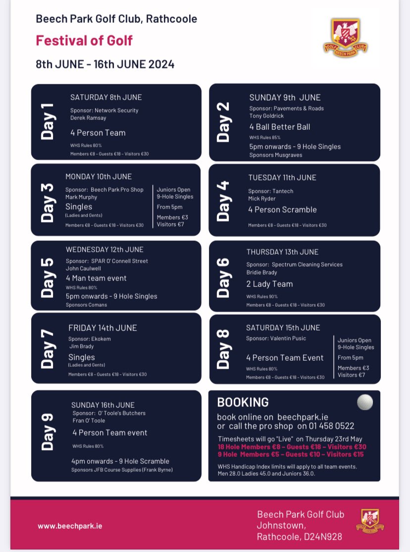 Beech Park GC will host our Festival of Golf 2024 from 8-16 June. We have an array of different formats and competitions throughout the week. All members and visitors welcome 🙌🏻
