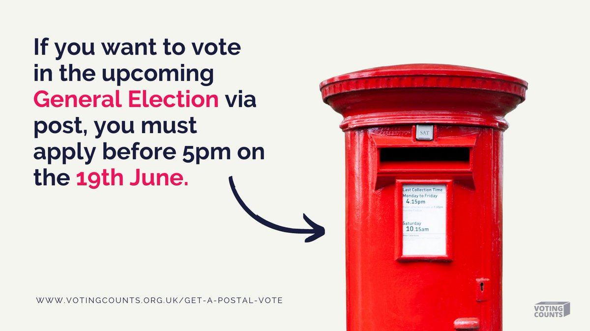 If you want to vote in the upcoming #GeneralElection via post, you must apply before 5pm on the 19th June. votingcounts.org.uk/get-a-postal-v…