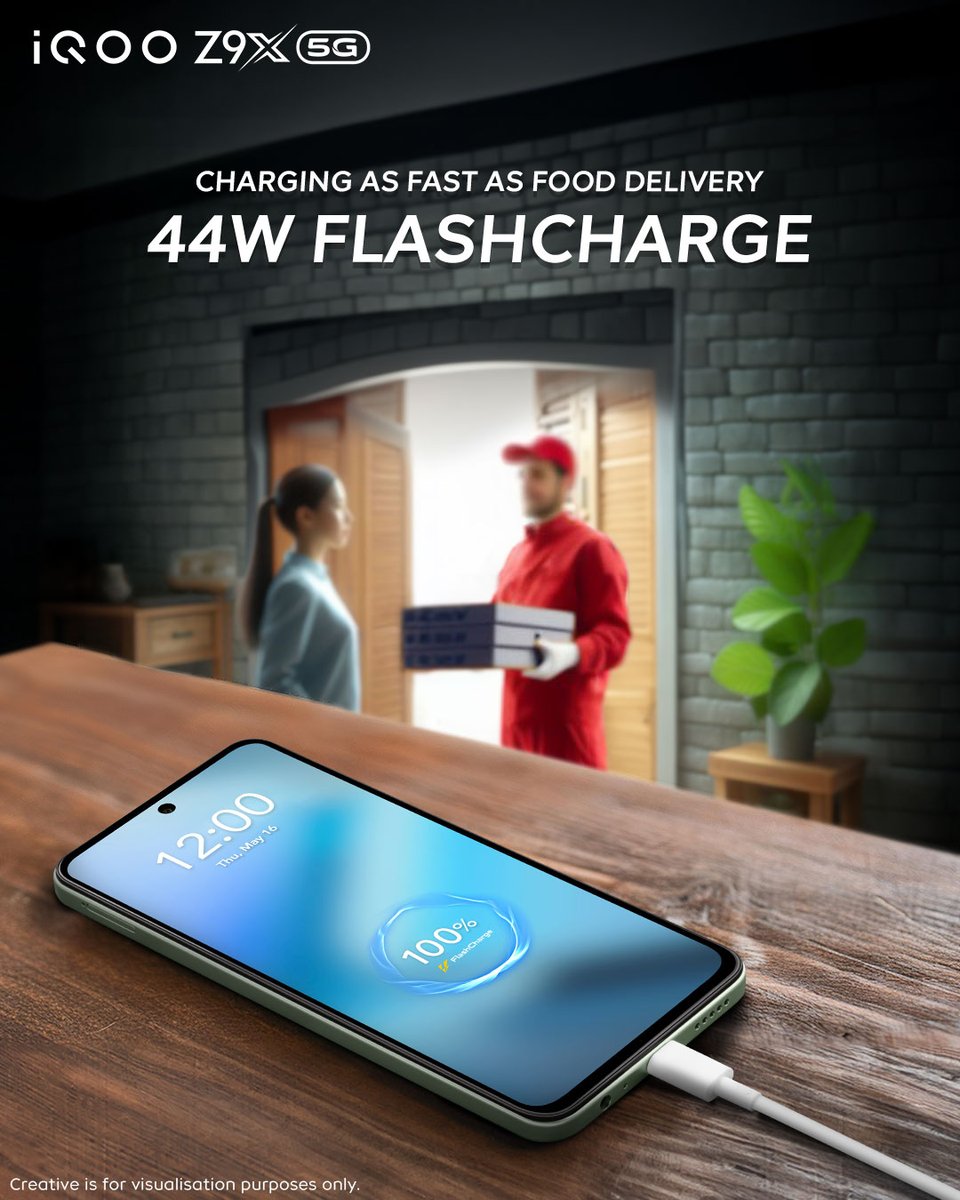 ⚡Charge up at lightning speed! The iQOO Z9x's 44W FlashCharge gets you #FullDayFullyLoaded before your food arrives. Available @amazonIN Buy Now: bit.ly/3wmJjIi #iQOO #iQOOZ9x #FullDayFullyLoadeds