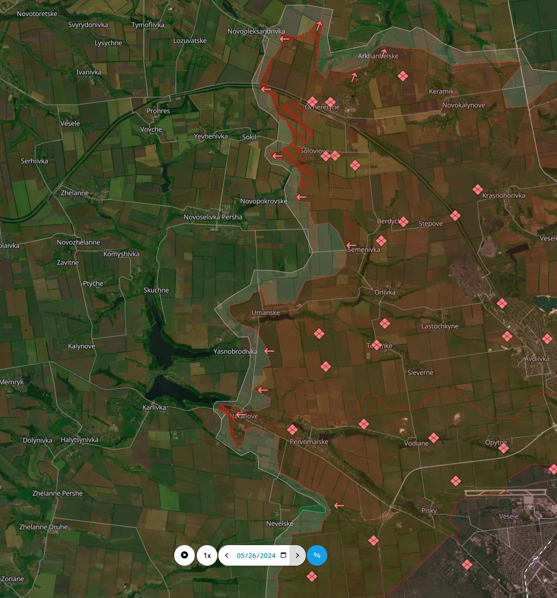 Updated maps from the past two days showing Russian advances west of Avdiivka, including the capture of Umanske. deepstatemap.live/en#12/47.7981/…