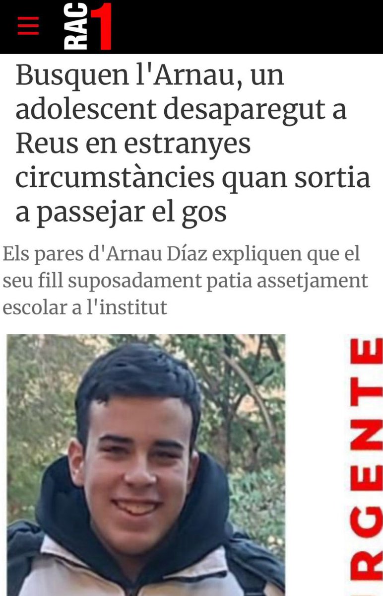 JMporKiraLopez's tweet photo. Con el corazón encogido 💔 Ha desaparecido un menor de 15 años en Reus, Arnau Díaz. El padre ha informado a los Mossos que al parecer el menor era víctima de acoso escolar en su colegio y que poco antes de marchar habría recibido la llamada de otro menor. Arnau aparentemente entonces salió a pasear con el perro y fue un vecino el que alertó a la familia que el perro estaba solo en el rellano. Cuando los padres salieron a comprobarlo, encontraron las llaves y el móvil del menor junto al ascensor. Los Mossos continúan la búsqueda. 
Todo nuestro apoyo a esta familia en estos momentos tan duros por los que están pasando.
