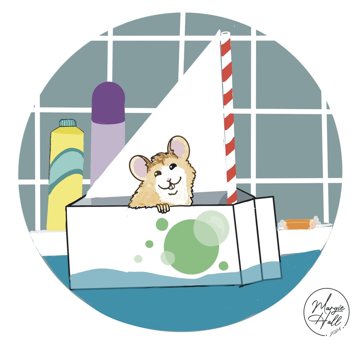 Animal Alphabets illustration challenge Prompt S is for sailboat. Butters the hamster loves taking his DIY sailboat for a spin around the tub. 

@AnimalAlphabets @animalalphab #AnimalAlphabets  #margie2092 
#sailboat 
#KidLitIllustration