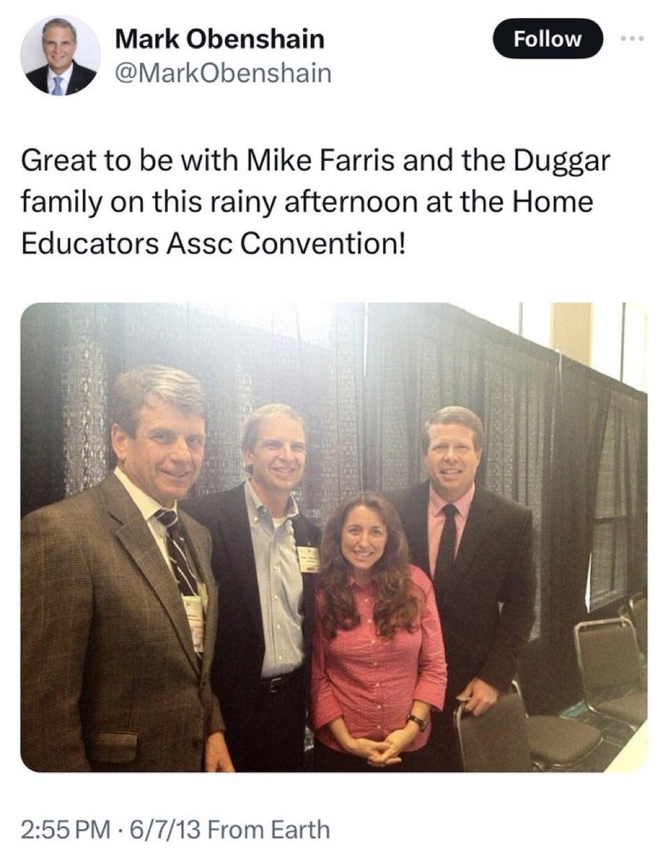 If u want to know where the Christian Right wants to take America, watch “Shiny Happy People,” a documentary about the Duggars. Below is Michael Farris with the Duggars. Until last year, Farris led the ADF, which was “silent co-council” in the case that overturned Roe. 1/
