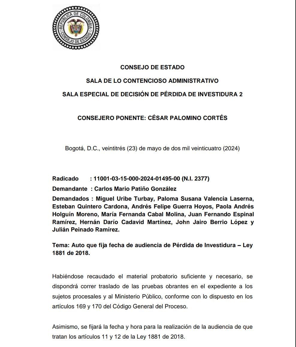 UltimaHoraCR's tweet image. #JUDICIAL| Diez congresistas del Centro Democrático deberán asistir al @Consejodeestado el 19 de junio a una audiencia de pérdida de investidura por presuntamente haber impulsado y apoyado la vaca para vías 4G de Antioquia.  @MarttinCristina