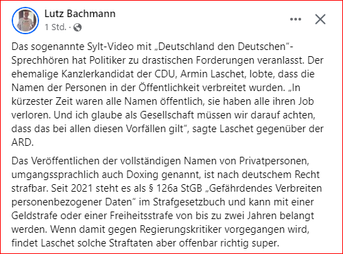 Da auch das Auffordern zu eben solchen Taten strafbar ist und die @ArminLaschet Aussagen einer Aufforderung zumindest sehr nahe kommen, hat Lutz Bachmann Strafanzeige wegen des Verdachtes gegen ihn gestellt!