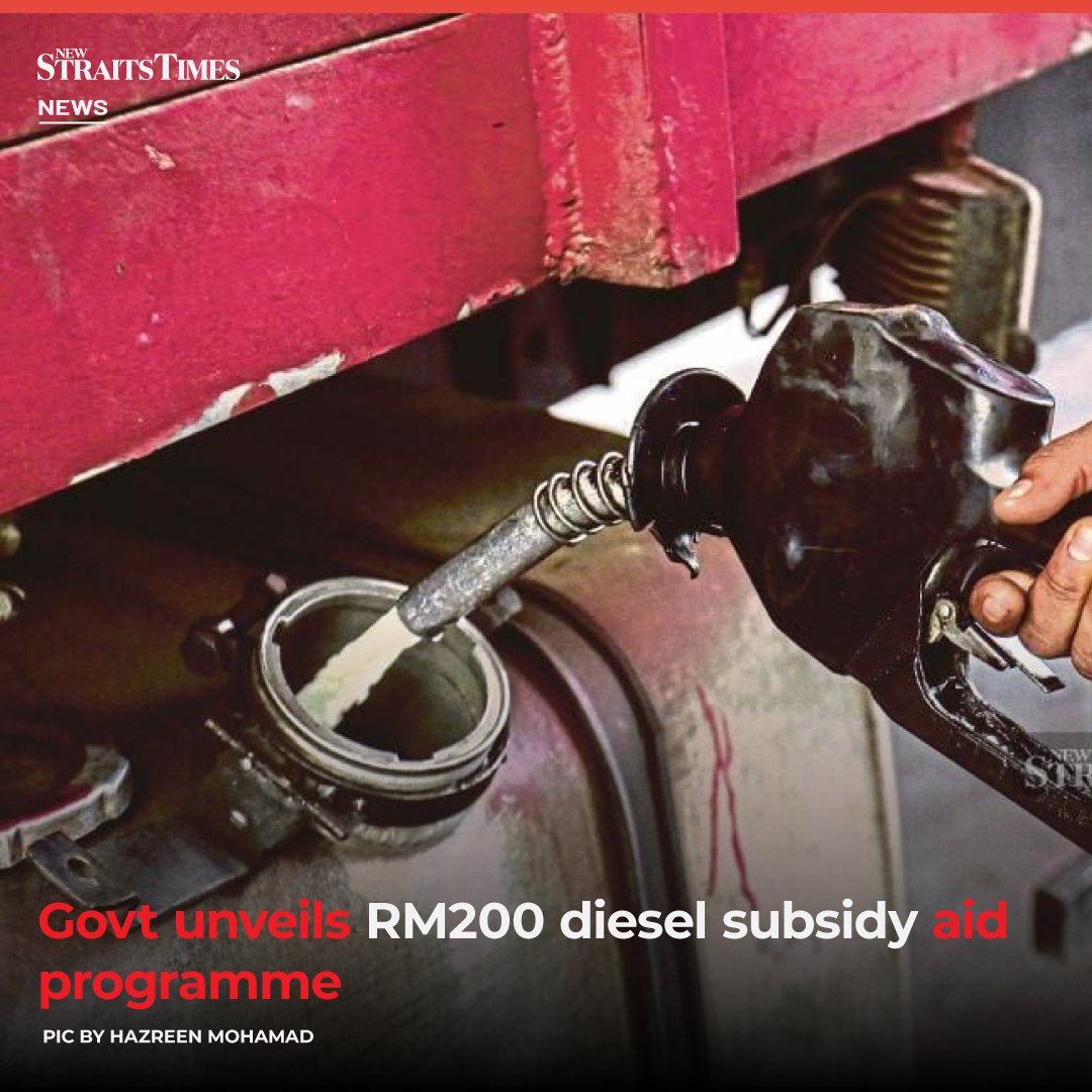 #NSTnation The Finance Ministry today announced a diesel subsidy aid programme involving a monthly allocation of RM200 for eligible individuals as well as agriculture and commodity smallholders.

Read more at bit.ly/3R0H6t8