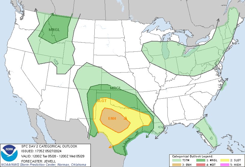 12:37pm CDT #SPC Day2 Outlook Enhanced Risk: over much of central Texas spc.noaa.gov/products/outlo…