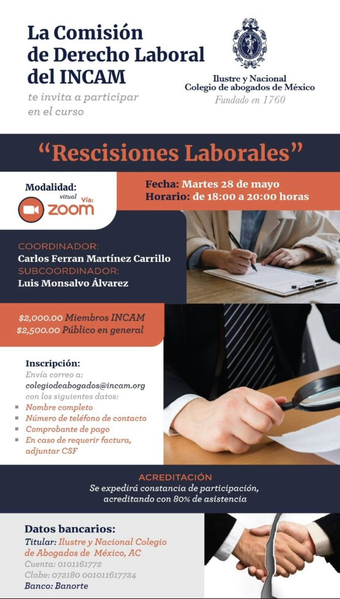 carlosferran's tweet photo. Mañana desde el @INCAM_Abogados iniciamos este breve curso virtual en materia de rescisiones laborales. 

Nos acompañan como ponentes @FannRu, @MilySutro, @AJA1967 y @Josesanchez2395. 

No se lo pueden perder, el tema es de absoluta relevancia. 

Mañana nos saludamos. https://t.co/6ChhRZp7cj