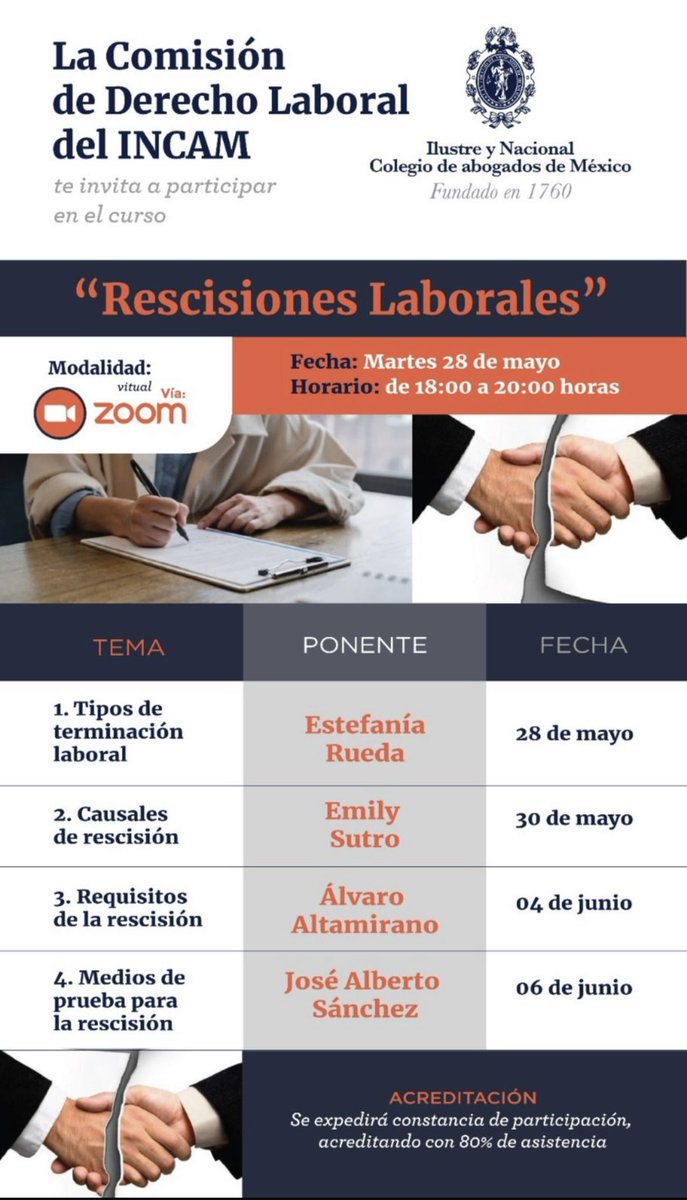 carlosferran's tweet photo. Mañana desde el @INCAM_Abogados iniciamos este breve curso virtual en materia de rescisiones laborales. 

Nos acompañan como ponentes @FannRu, @MilySutro, @AJA1967 y @Josesanchez2395. 

No se lo pueden perder, el tema es de absoluta relevancia. 

Mañana nos saludamos. https://t.co/6ChhRZp7cj