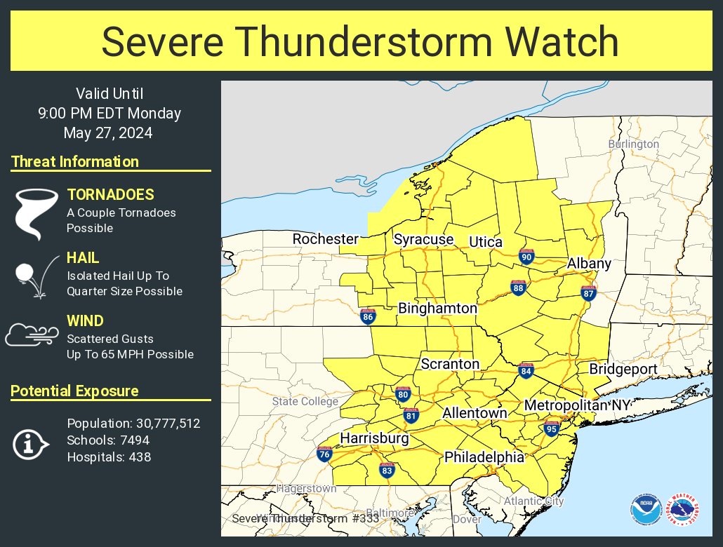 A severe thunderstorm watch has been issued for parts of New Jersey, New York and Pennsylvania until 9 PM EDT