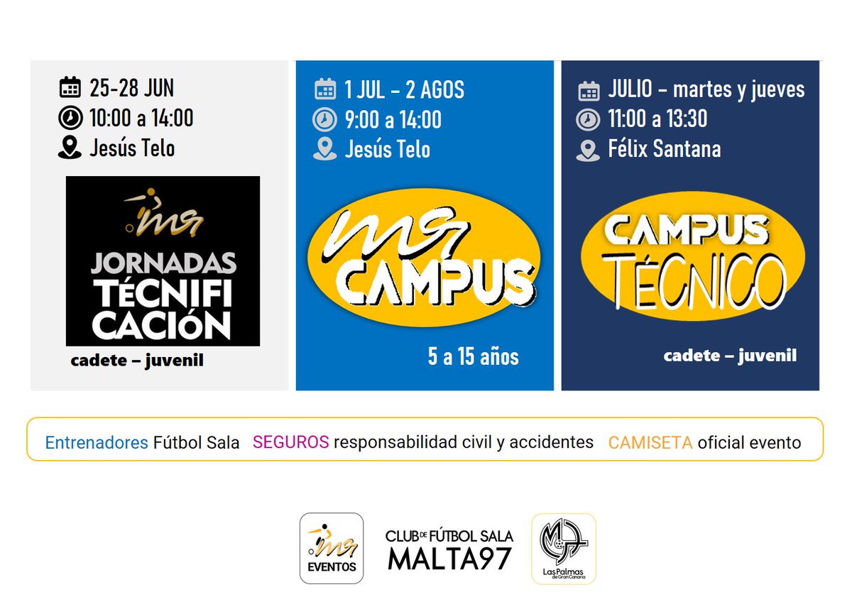 clubMalta97's tweet photo. Ya está aquí el verano 2024

🔛 Jornadas Tecnificación cadete y juvenil, 25 al 28 junio, Jesús Telo
🔛 Campus Verano, Julio, Jesús Telo
🔛 Campus Técnico Cadete y Juvenil, Julio: martes y jueves, Félix Santana 

Informarte e inscribirte
https://t.co/CGg1bNUwIX https://t.co/MR2FcE50Ch