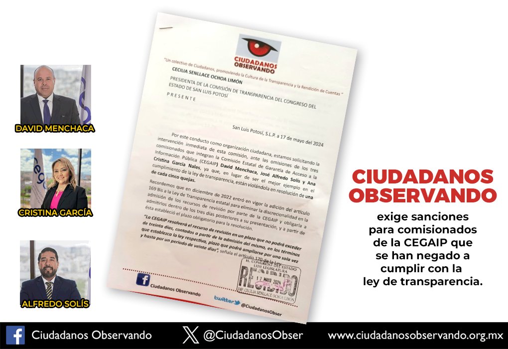 Ciudadanos Observando entregó documento a la Comisión de Transparencia del @CongresoEdoSLP donde exige sanciones para comisionados de @Cegaip por negarse a cumplir con la ley. ciudadanosobservando.org.mx/news/ciudadano…