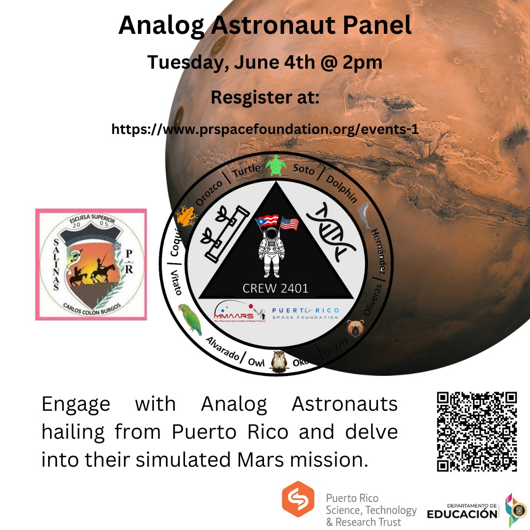 PRSF_Space's tweet photo. Meet the MMAARS-PRSF Crew 2401  on June 4th at 2pm AST.
We are hosting an ANALOG ASTRONAUT PANEL FOR STEAM OUTREACH &amp; EDUCATION. RSVP to access the Zoom link: https://t.co/CNg5qwzQ7V

#rsvpnow #savethedate #analogastranauts #boricuas #biotech #mars #simulation https://t.co/S4EvklEIIX