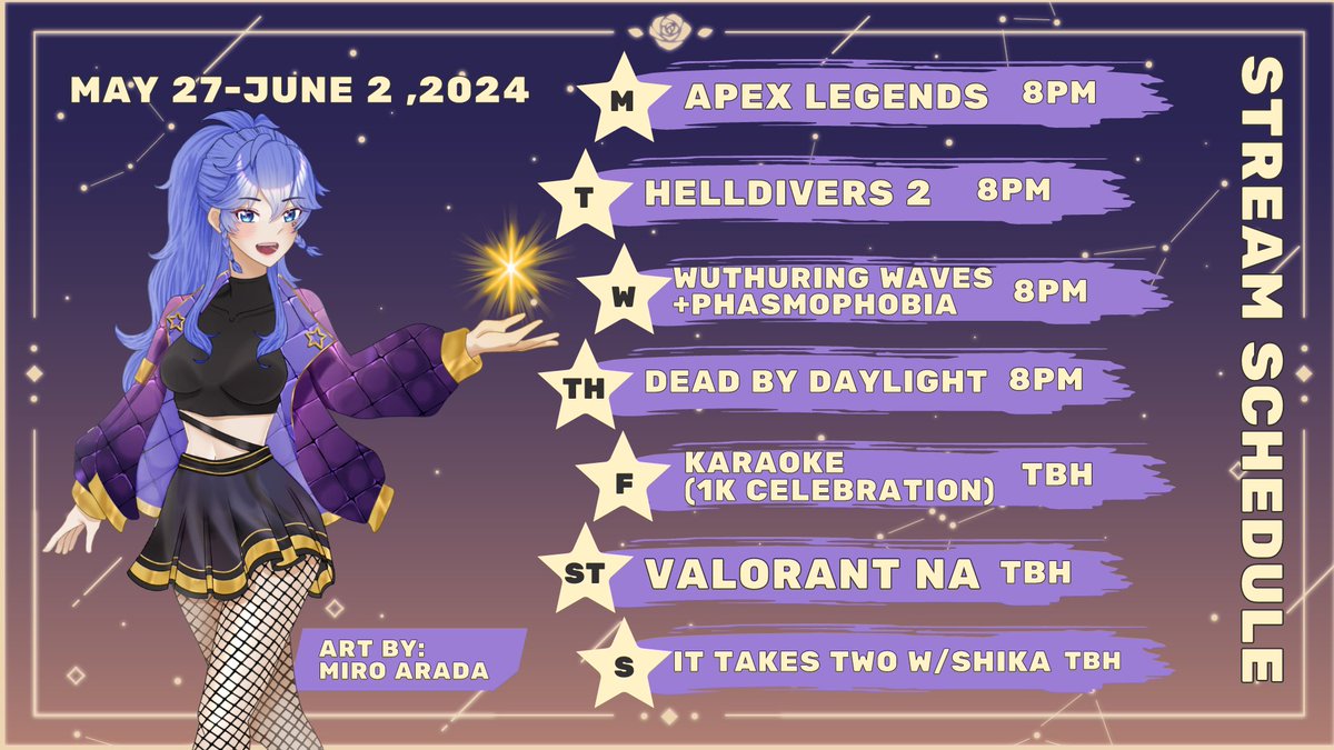 maze_vt's tweet photo. [Schedule  May 27-JUNE 2,2024]

Monday Apex Legends~Valorant
Tuesday Helldivers 2
Wednesday WUWA~Phasmophobia
Thursday Dead by Daylight
Friday Karaoke
Saturday Valorant NA
Sunday It Takes Two w/ @ShikaWitch 

General: #MazeVT
Live: #MazeLive
Art: #artMAZEng
Clip: #MAZEtrophe https://t.co/2VSiG8i4AG