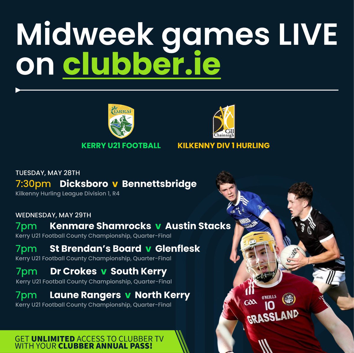 Midweek games on Clubber TV 📺 Hurling & Football action from @KilkennyCLG and @Kerry_Official 🏐🥎 🔸 FOUR @Kerry_Official U21 Football 🏐 🔸 @KilkennyCLG Senior Hurling League 🥎 ➡️ Live and Exclusive, only on clubber.ie 🔗