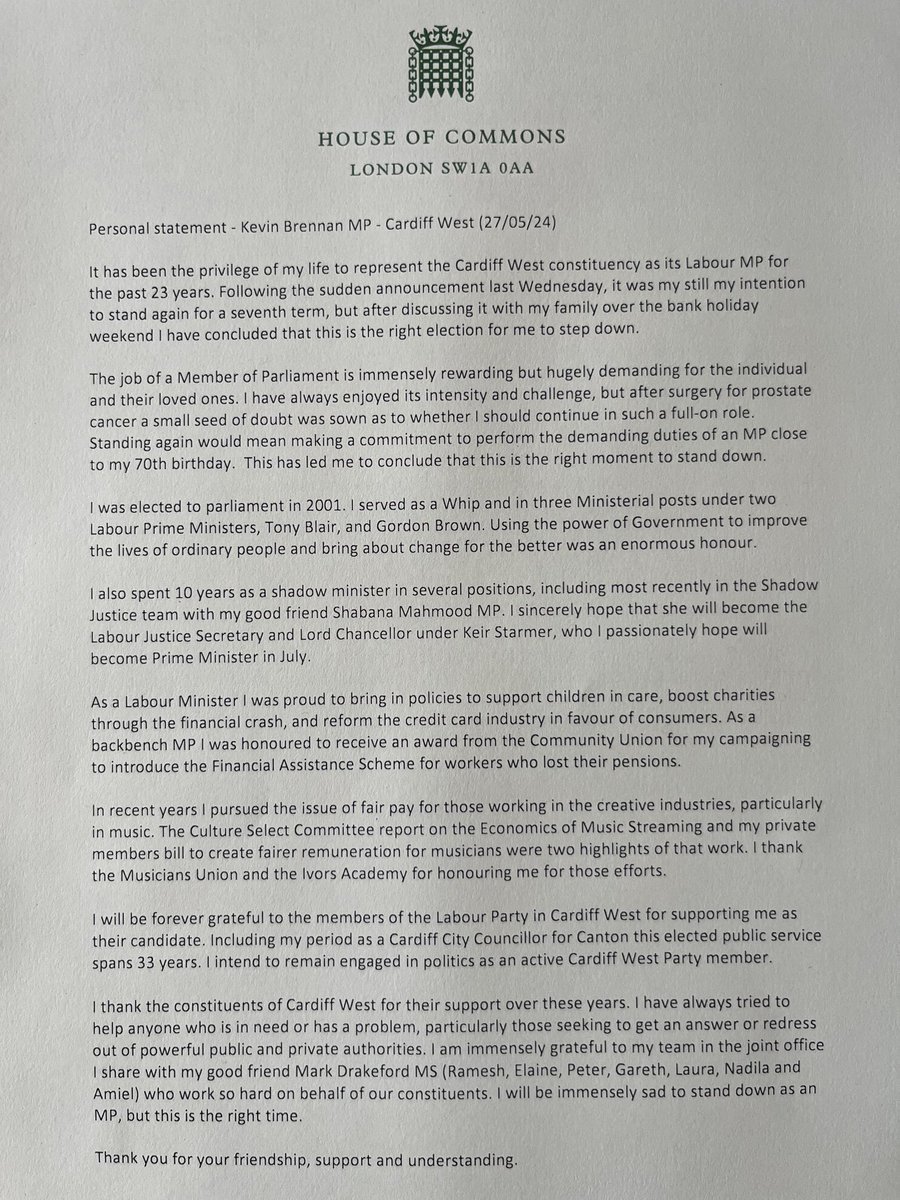 I’m announcing my decision to stand down as Cardiff West MP after 23 years - thank you to local Labour members and constituents for your friendship and support