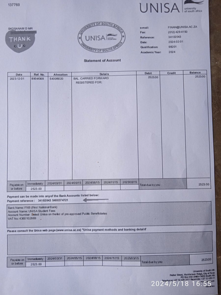 I owe Unisa R2523, they deregistered my 2024 application, can't get my certificate. I really need help even donations will do. Name: Mandla D. Skosana Reference FNB ACC no: 34102043 5400374721. Thanks in advance ❤️🙏
Capitec ACC no: 1555835420 any contribution will assist