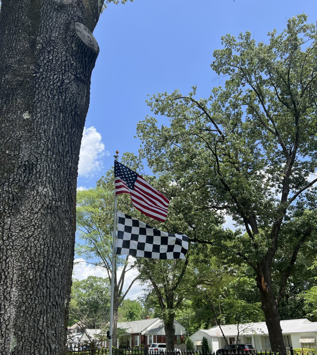 Half staff till noon then raised those stars and stripes and  added checkers to full staff for a beautiful #MemorialDay24 and @CBellRacing  and Thomas Kennedy victory @rheemracing @JoeGibbsRacing @ToyotaRacing