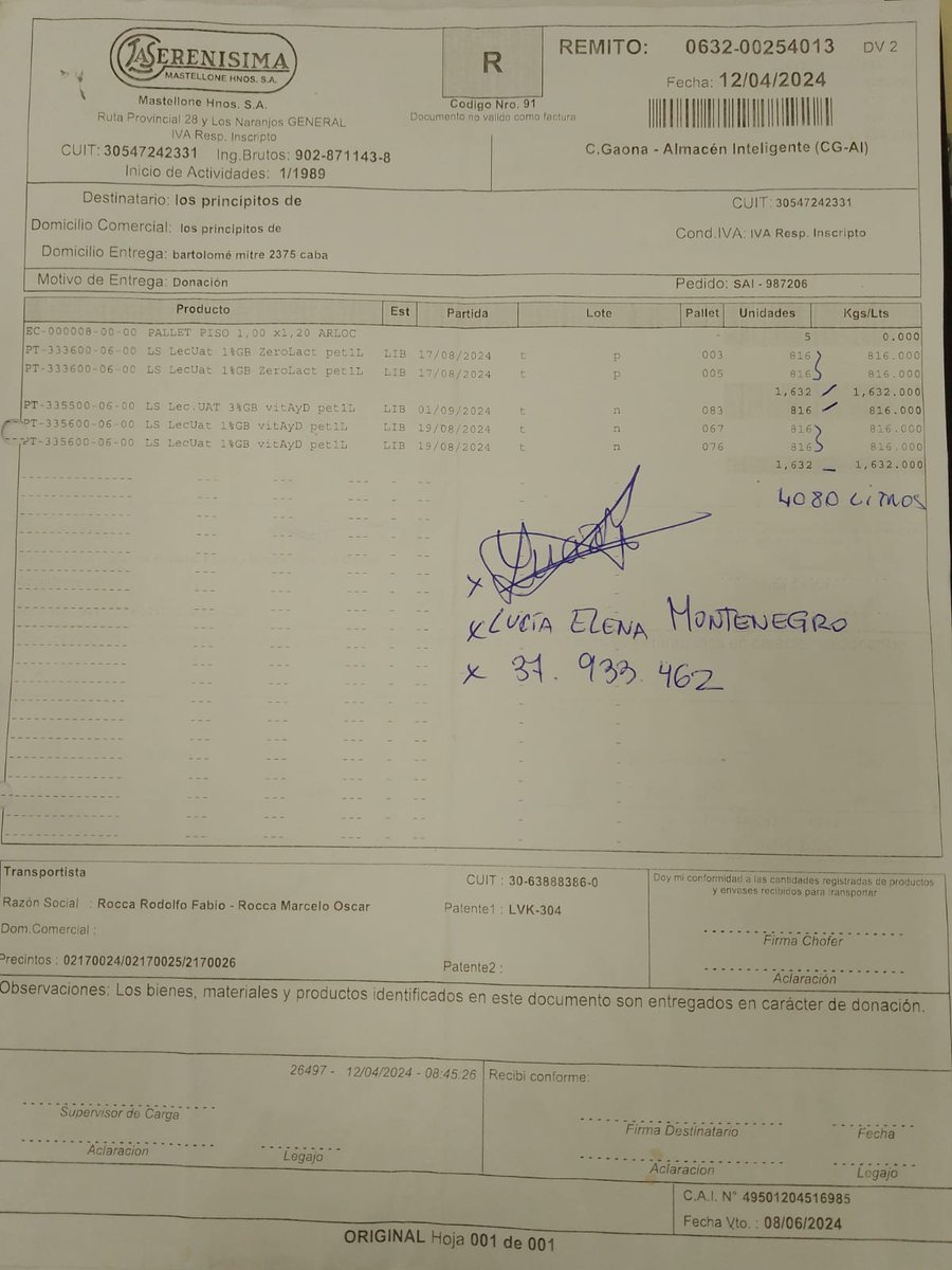 🚨🚨🚨 Escándalo. Las pruebas de la estafa. La legisladora Lucía Montenegro firma un recibo por 4.000 litros de leche. ¿¿En calidad de qué?? La leche era para la Villa 31 de Retiro.