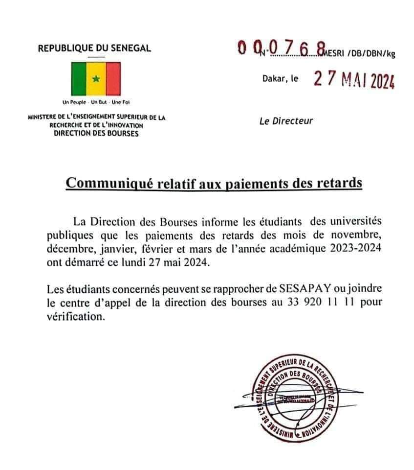 Communiqué relatif aux paiements des retards de bourses !
Les étudiants concernés peuvent se rapprocher de SESAPAY ou joindre le centre d'appel de la direction des bourses au 33 920 11 11 pour vérification.
#Mesri #Directionsdesbourses #retarddesbourses #bourse