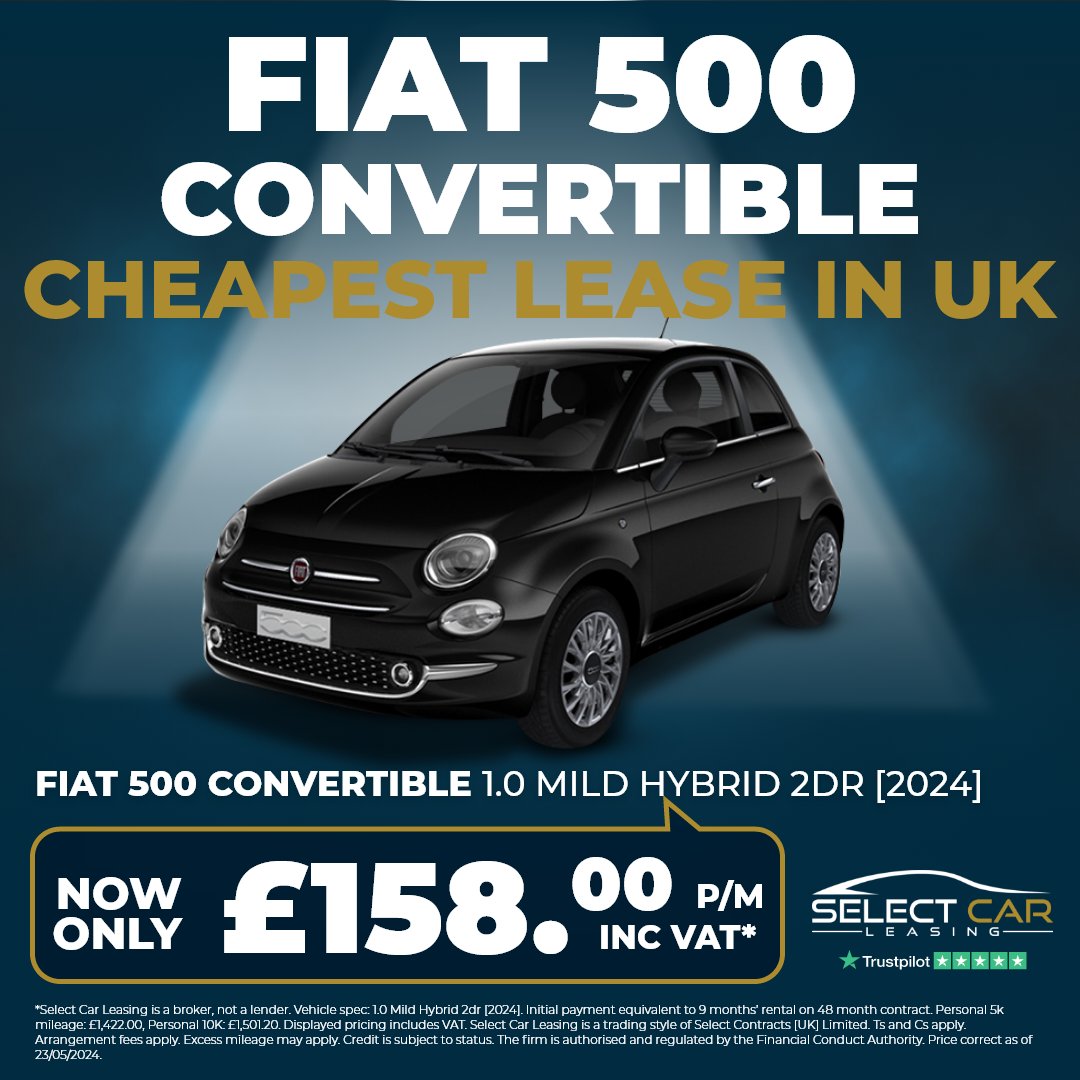 UK's cheapest lease price, the Fiat 500C in stock now from £158 a month*

👉selectcarleasing.co.uk/car-leasing/fi…

*Price correct as of posting